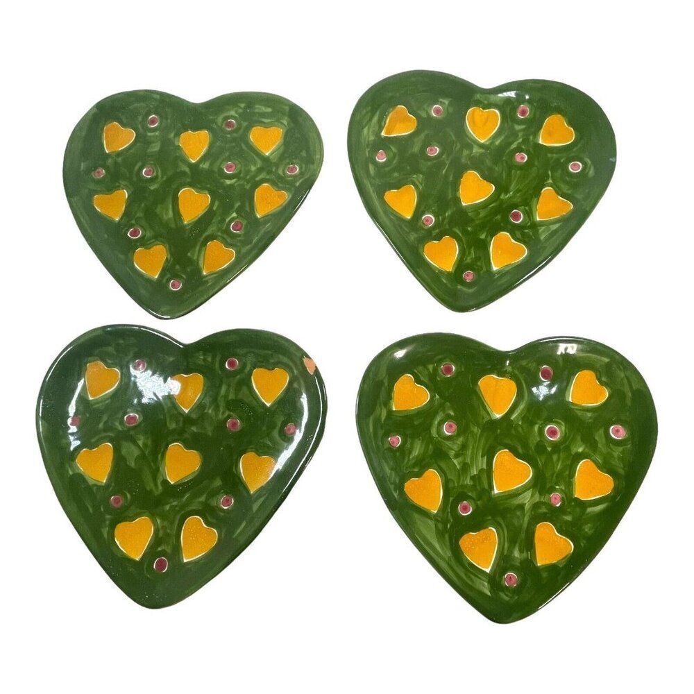 Hungary Hand Painted Heart Shaped Salad Break Dessert Plate Set Of 4 Green VTG
